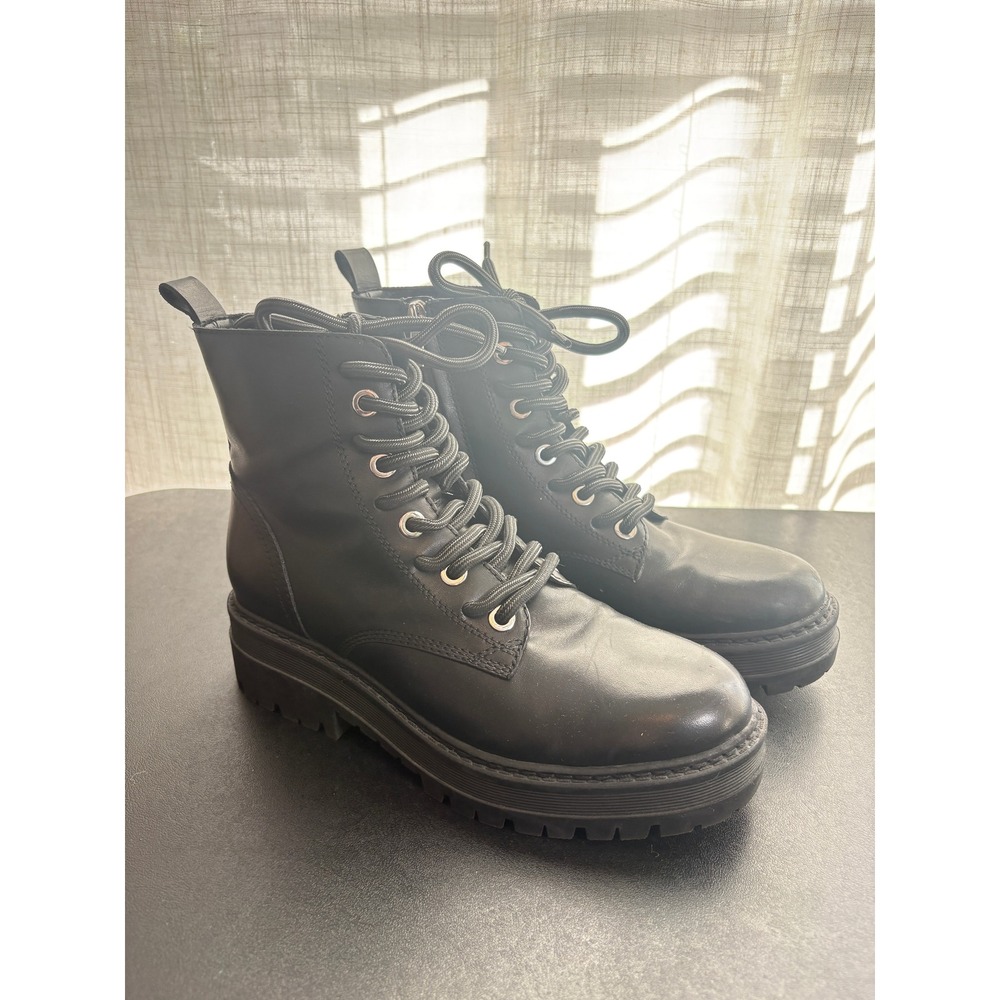 Marc Fisher Palani Combat Boots Women 8.5 Black Leather Lug Sole Moto Zip Edgy